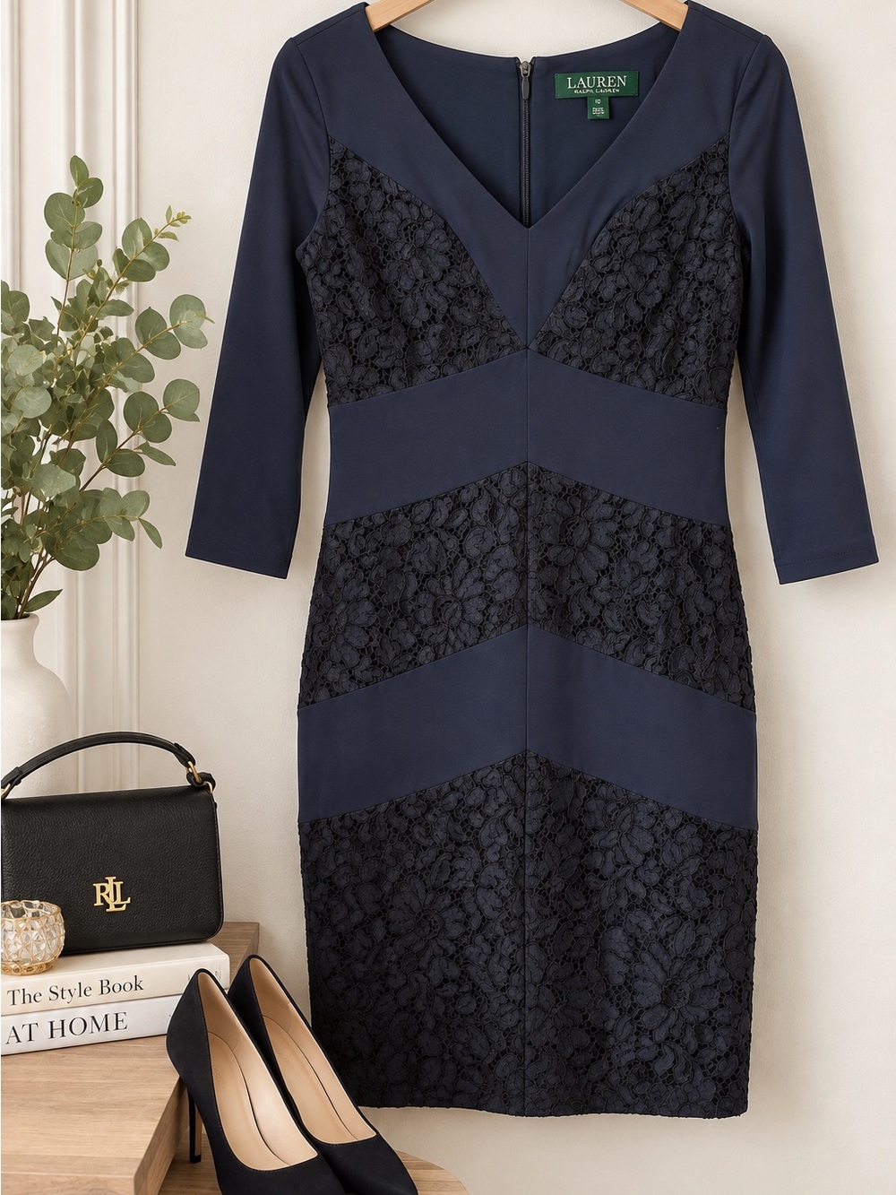 Lauren Ralph Lauren Navy Lace-Panel V-Neck Midi Dress
